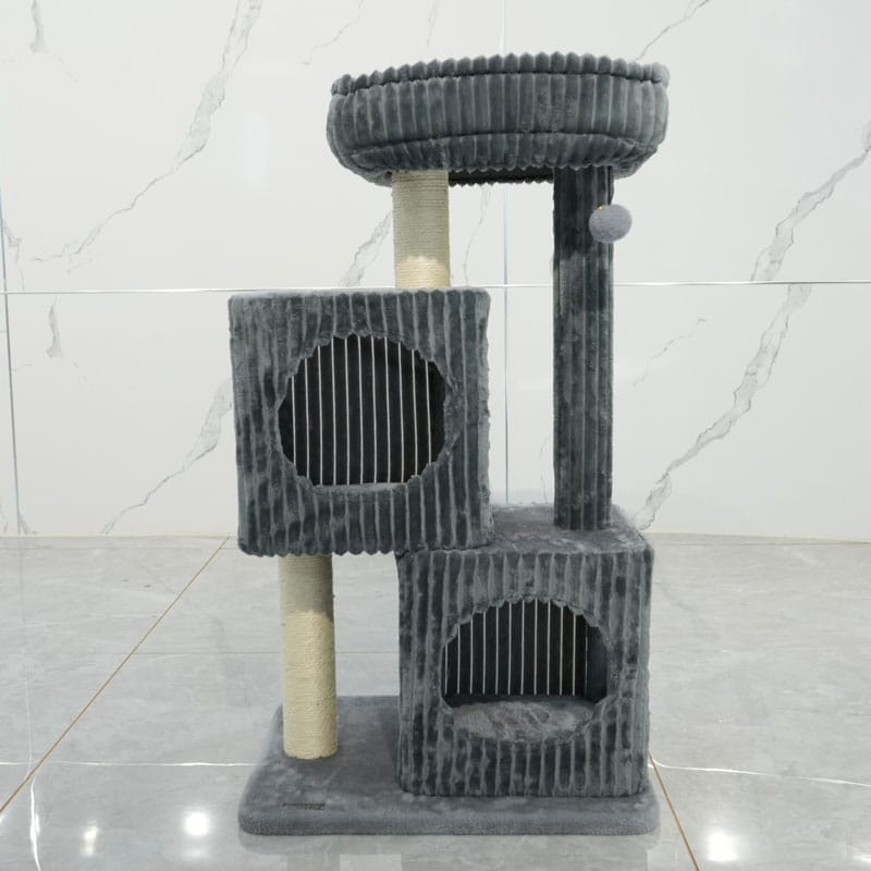 04-Dark-Gray-Striped-Double-Condominium-Cat-Tree-(Lookout-Tower-Style)-3