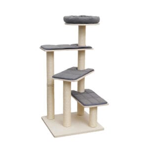 Multi-layer solid wood cat tree (with sisal scratching posts + grey plush cushion)